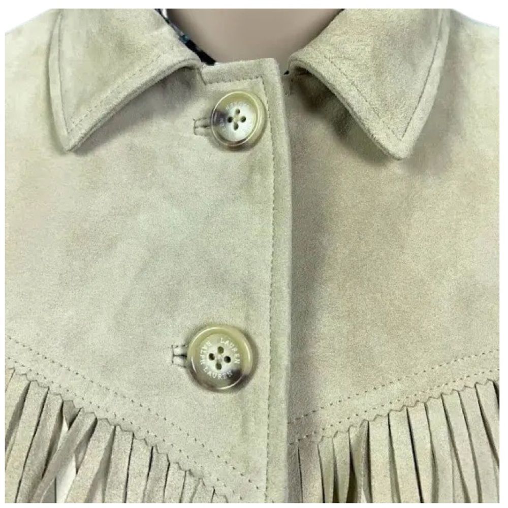 Lauren Ralph Lauren Womens Fringe Trim Goat Suede Jacket In Camel - Picture 4 of 6